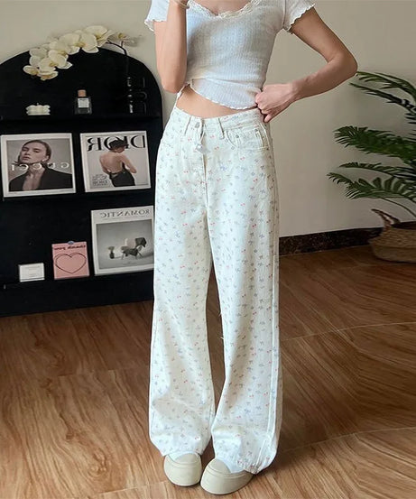 Simple Floral Sanrio Hello Kitty Embroidered Jeans Women's Summer 2025 New Large Size Loose High Waist Straight Trousers Gift