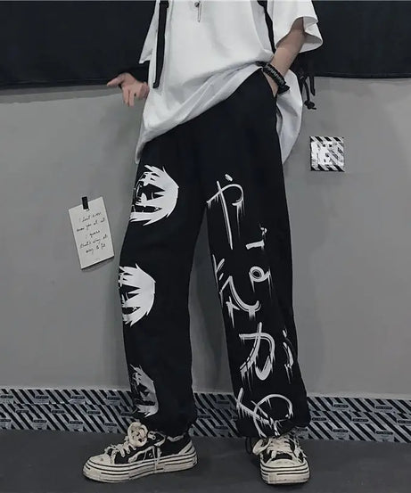 Black Harajuku printed anime sweatpants male streetwear wide leg oversize pants loose casual sport straight trousers men