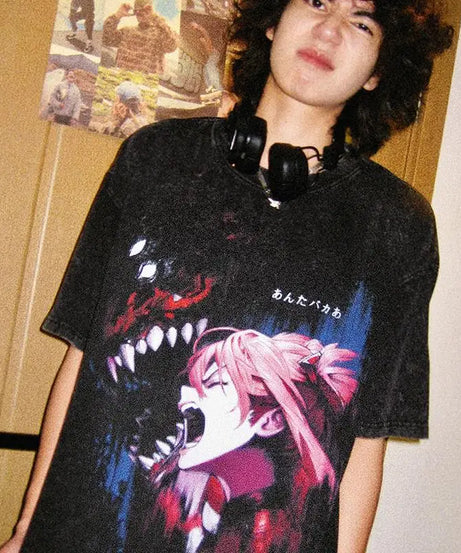 Anime Eva Graphic T-shirt Man Summer Y2k Clothes Casual Short Sleeved Tee Women Vintage Washed Cotton Gym Clothing Top