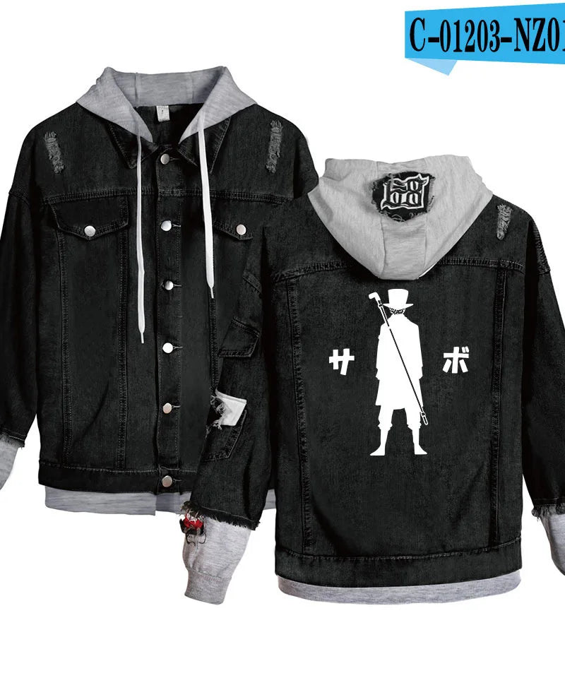 ONE PIECE Anime Chooper Denim Bomber Jacket Hooded Sweatshirt Unisex Ripped Hole Cosplay Hoodie Long-Sleeved Denim Jacket Gift
