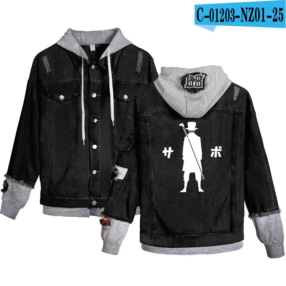 ONE PIECE Anime Chooper Denim Bomber Jacket Hooded Sweatshirt Unisex Ripped Hole Cosplay Hoodie Long-Sleeved Denim Jacket Gift
