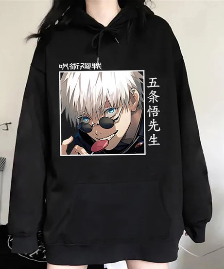 Autumn Winter Casual Anime Gojo Satoru Print Hoodies Solid Color Long Sleeve Hooded Pullovers Sweatshirts Plus Size