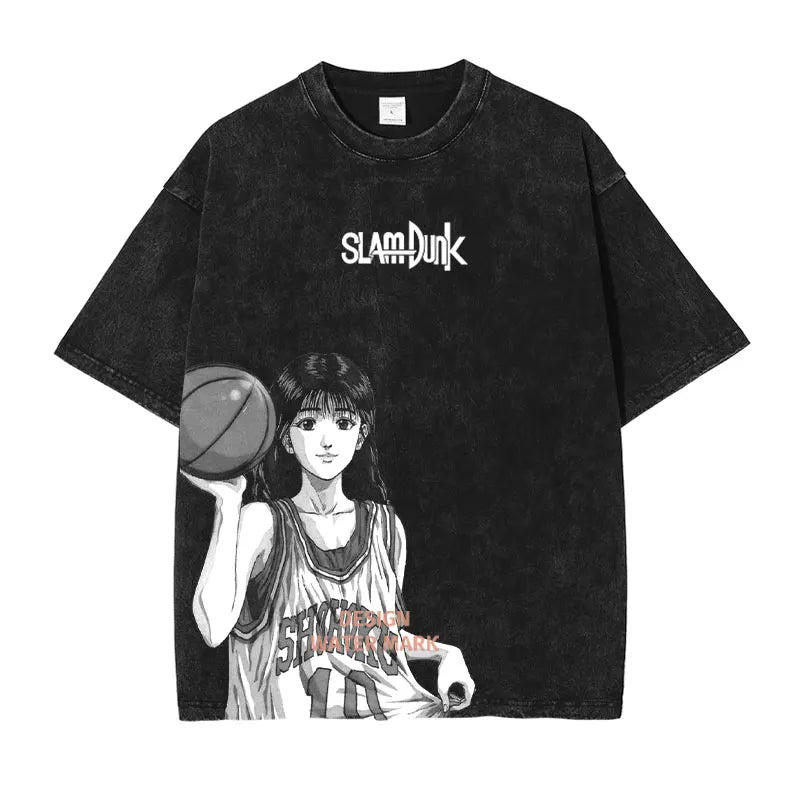 Hanamichi Rukawa Haruko T Shirt Slam Anime Dunk Sendou Vintage Washed Tops Tees Short Sleeve Manga Graphic T-shirt Man Cotton