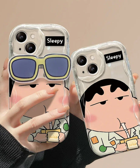 Crayon Shinchan Wave Case – Cute Silicone iPhone Cover with Glasses Support (iPhone 7–16 Series)