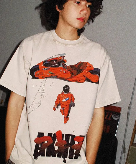 Akira Anime Men's Short Sleeve T-shirt Graphic Tee Streetwear Vintage Washed Cotton Summer Casual Top Japanese Manga Y2k Clothes