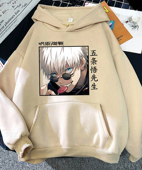 Autumn Winter Casual Anime Gojo Satoru Print Hoodies Solid Color Long Sleeve Hooded Pullovers Sweatshirts Plus Size