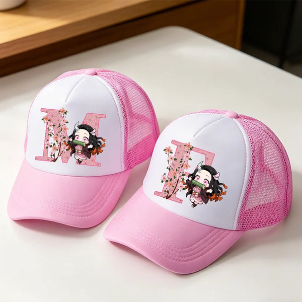 Demon Slayer Nezuko Kamado Initial Letter Pink Baseball Cap Kawaii Summer Trucker Hat
