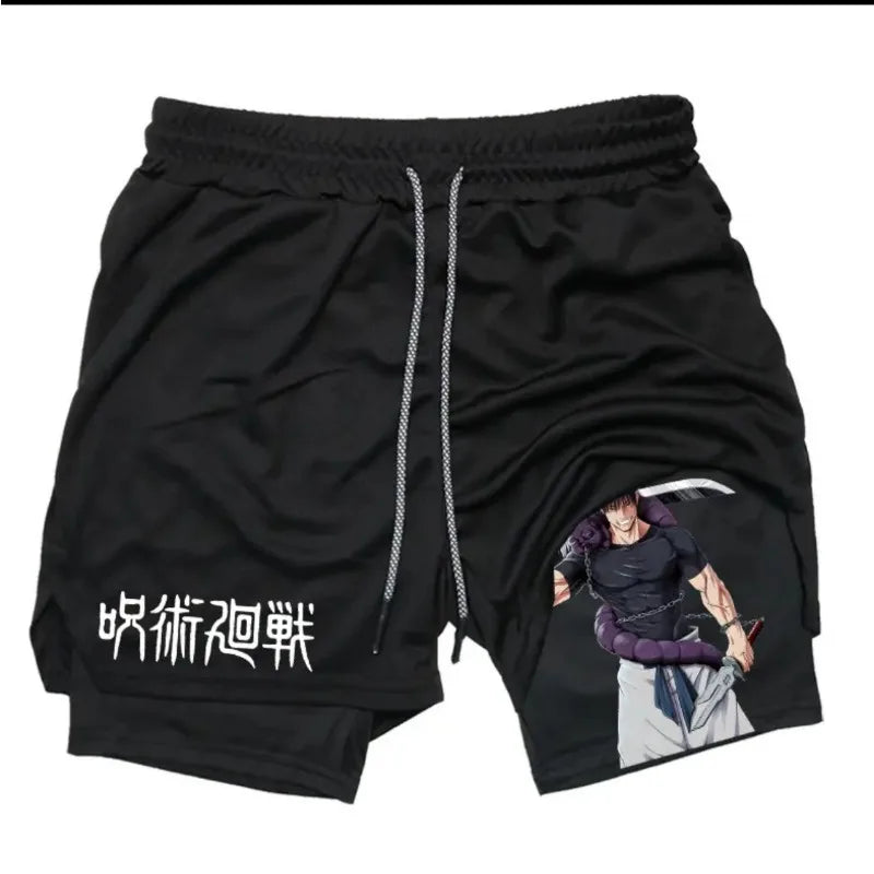Anime Jujutsu Kaisen Performance Yuji Print Sport Running 2 in 1 Gym Shorts Training Men's Summer Workout Sportwear Y2K Shorts