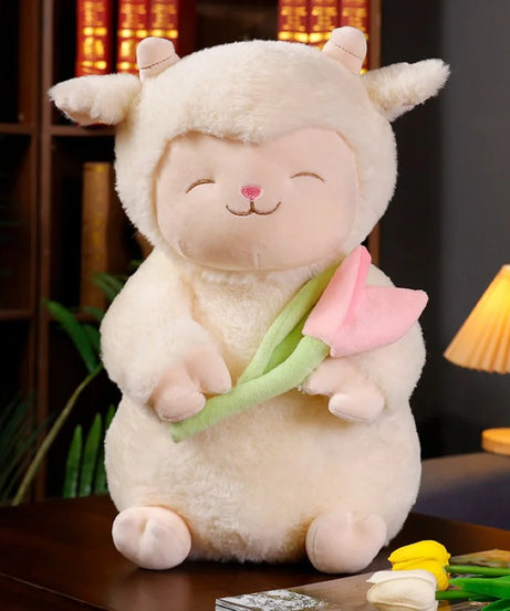 Kawaii Sweet White Sheep Lam Hold Tulip Flower Plush Doll Soft Stuffed Lamb With Tulip Plushie Toy Cute Gift For Kid Birthday