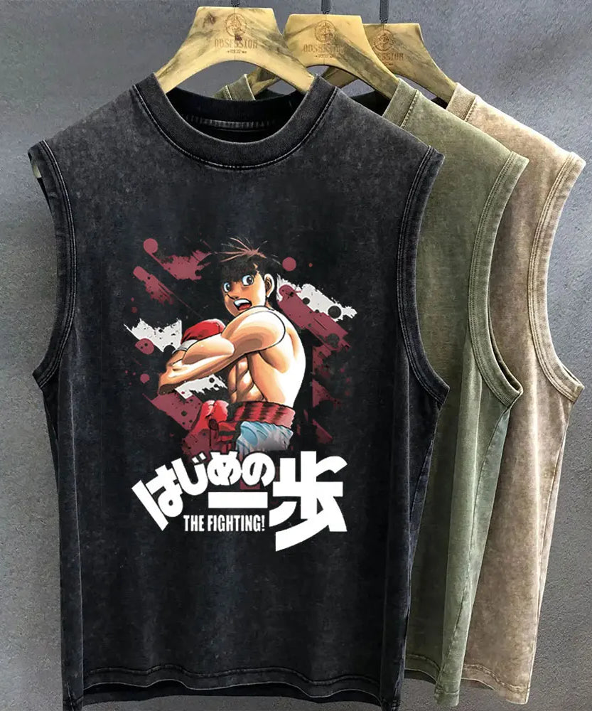 Men's Tank Top Anime Hajime No Ippo Graphic T-shirt Print Oversized Gym Clothing Vintage Wash Sleeveless Vest Womens Y2k Clothes