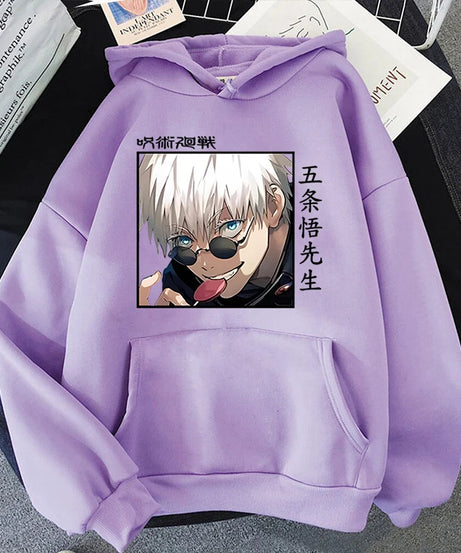 Autumn Winter Casual Anime Gojo Satoru Print Hoodies Solid Color Long Sleeve Hooded Pullovers Sweatshirts Plus Size
