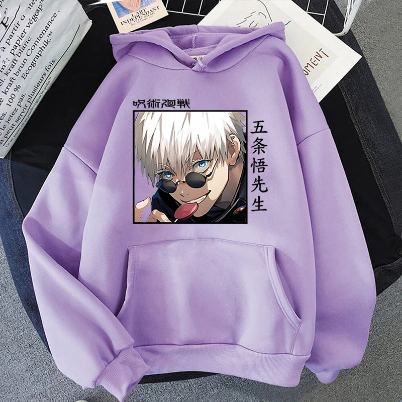 Autumn Winter Casual Anime Gojo Satoru Print Hoodies Solid Color Long Sleeve Hooded Pullovers Sweatshirts Plus Size