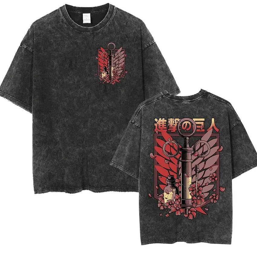 Oversized Vintage Washed T-shirt Man Attack on Titan Women Short Sleeve Tee Streetwear Anime Print Casual Tops Summer Y2k