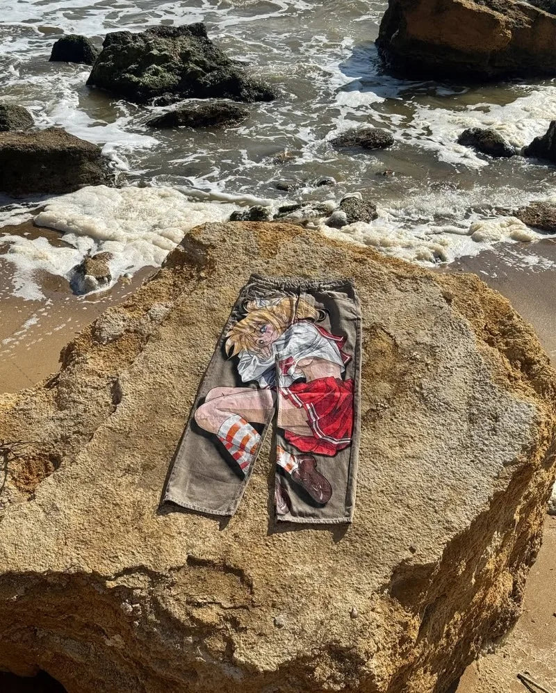 Harajuku Hip-hop Streetwear Trousers Women Y2K Retro Animation Print Baggy Jeans Men Goth High Street Loose Wide-leg Pants