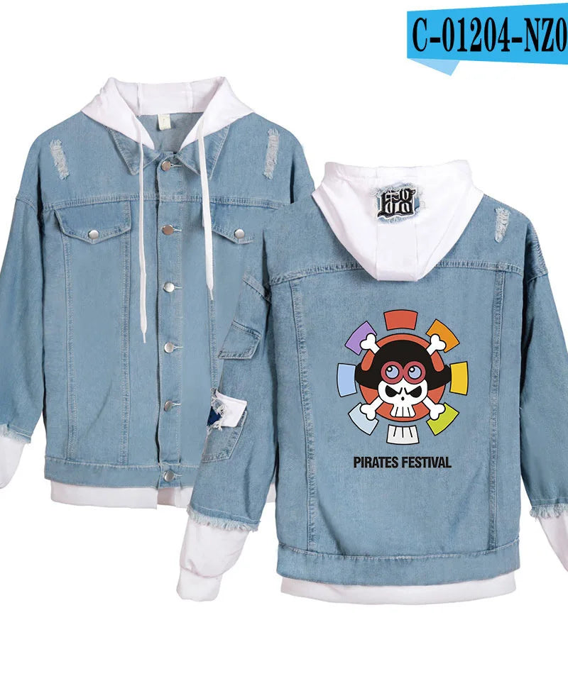 ONE PIECE Anime Chooper Denim Bomber Jacket Hooded Sweatshirt Unisex Ripped Hole Cosplay Hoodie Long-Sleeved Denim Jacket Gift