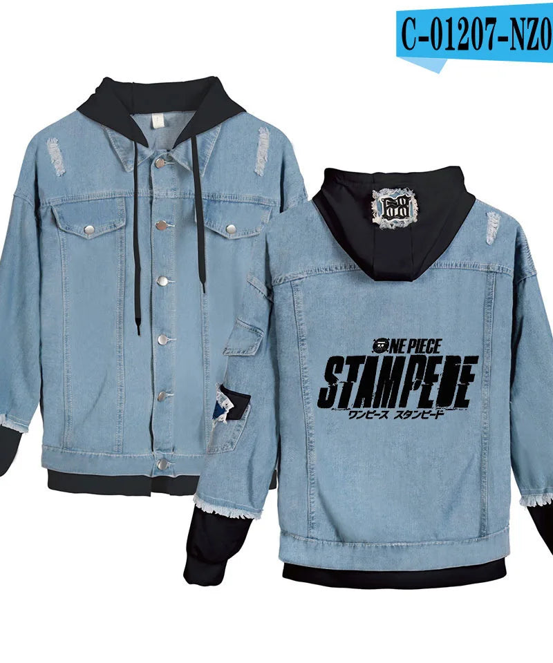 ONE PIECE Anime Chooper Denim Bomber Jacket Hooded Sweatshirt Unisex Ripped Hole Cosplay Hoodie Long-Sleeved Denim Jacket Gift