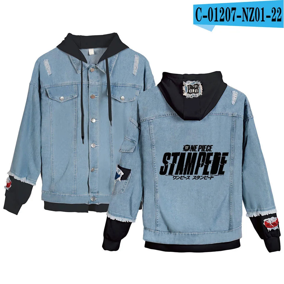 ONE PIECE Anime Chooper Denim Bomber Jacket Hooded Sweatshirt Unisex Ripped Hole Cosplay Hoodie Long-Sleeved Denim Jacket Gift