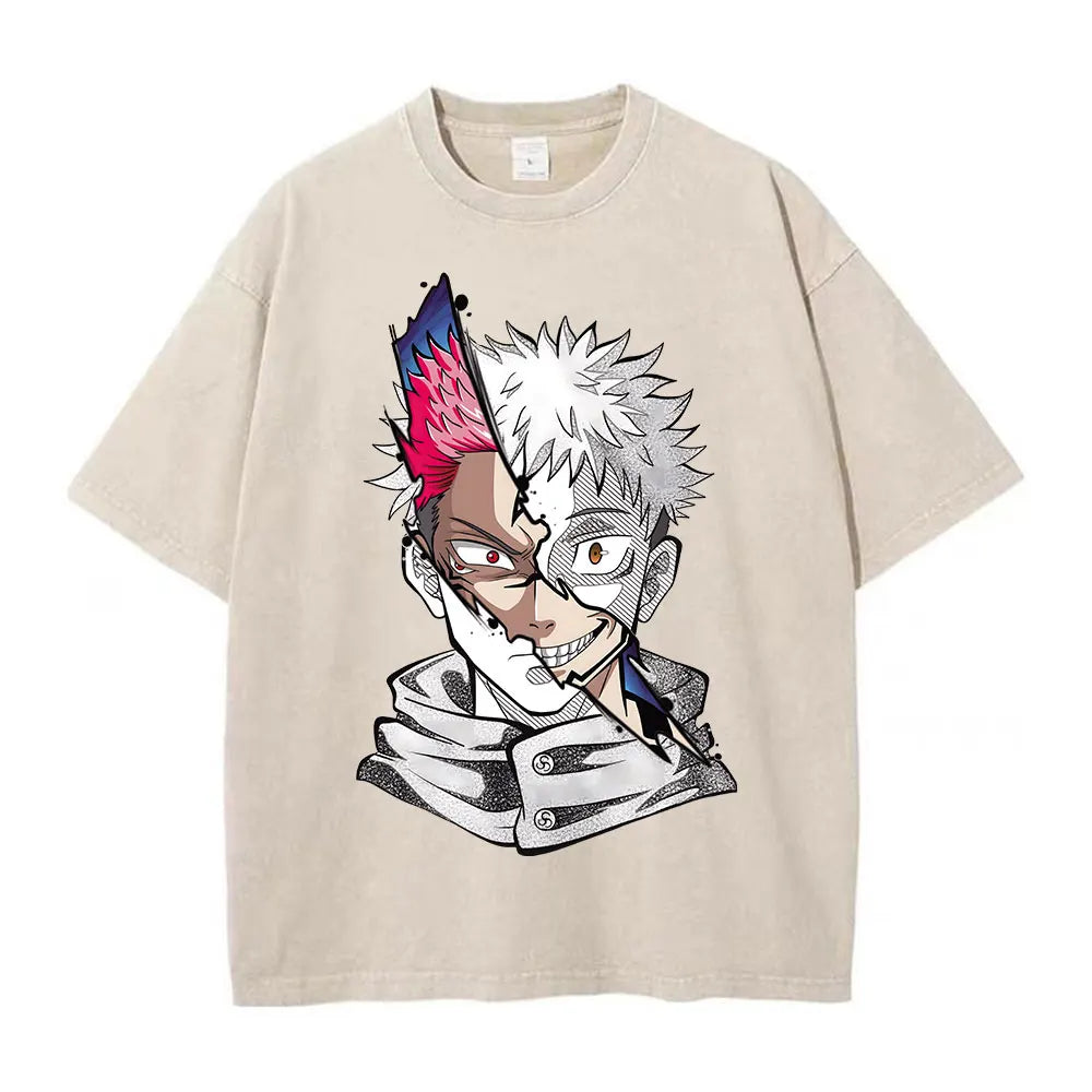 Summer Washed T Shirt Anime Graphic Print Streetwear Vintage Oversized T-Shirt Men Fashion Cotton Top Tee Black Tshirt