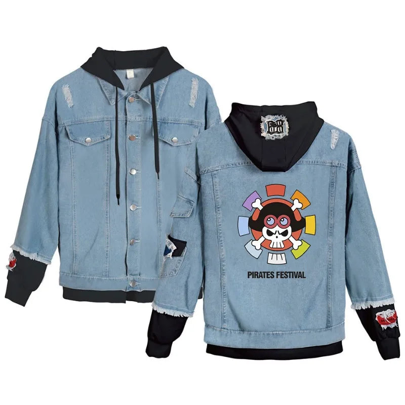 ONE PIECE Anime Chooper Denim Bomber Jacket Hooded Sweatshirt Unisex Ripped Hole Cosplay Hoodie Long-Sleeved Denim Jacket Gift
