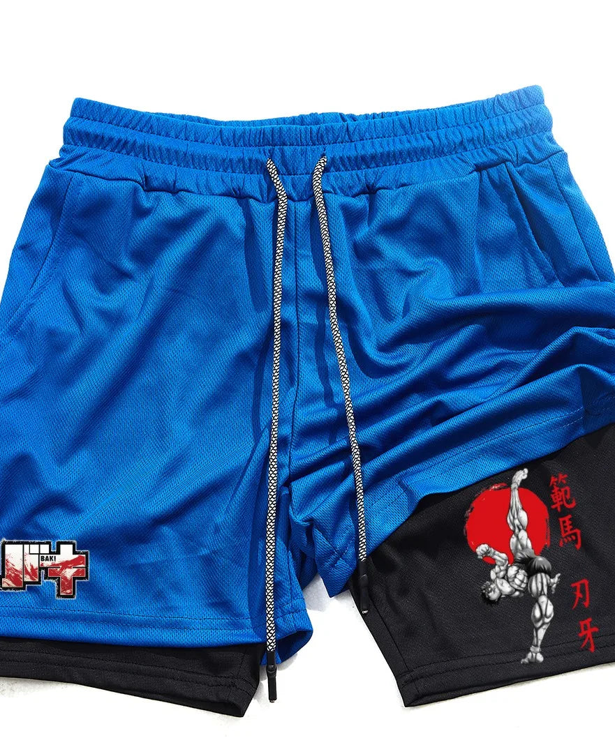 Men's and women's gym shorts, quick drying mesh shorts, animated printed Baki Hanma, sleeves, 2-in-1