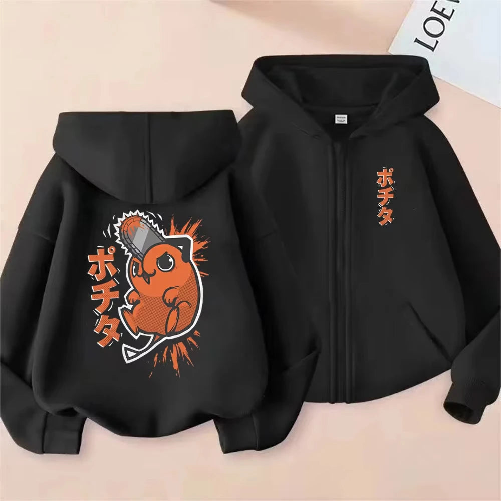 Chainsaw Man Denji & Pochita Graphic Zip-Up Hoodie – Washed Retro Oversized Jacket