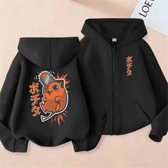 Chainsaw Man Denji & Pochita Graphic Zip-Up Hoodie – Washed Retro Oversized Jacket