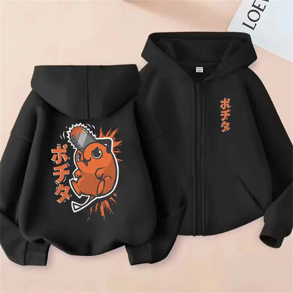 Chainsaw Man Denji & Pochita Graphic Zip-Up Hoodie – Washed Retro Oversized Jacket
