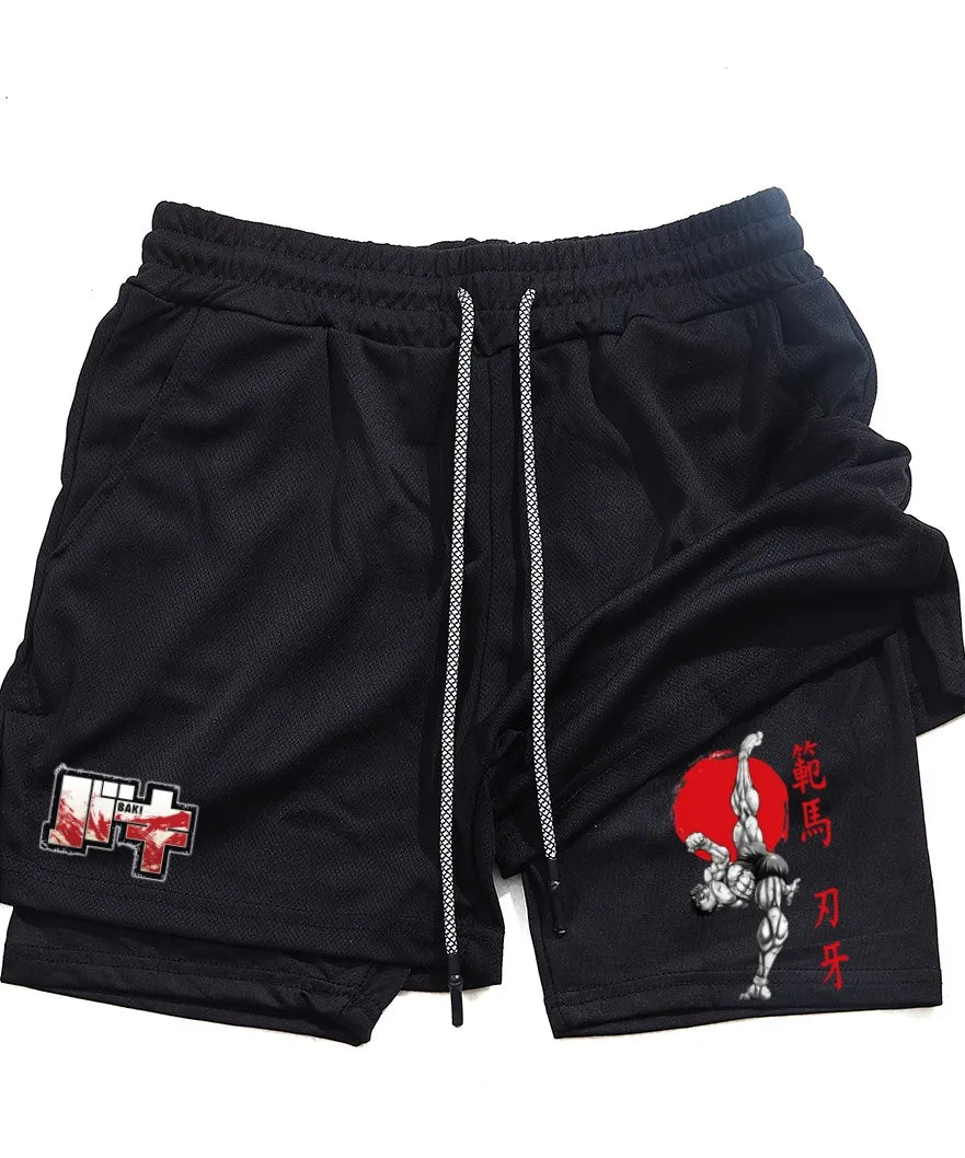 Men's and women's gym shorts, quick drying mesh shorts, animated printed Baki Hanma, sleeves, 2-in-1