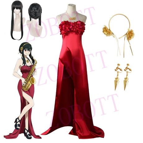 Anime SPY×FAMILY Cosplay Loid Forger/Yor Forger/Anya Forger Cosplay Costume SPY×FAMILY Formal Concert Red Rose Dress Plus Size