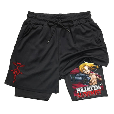 Anime Fullmetal Alchemist Gym Workout Shorts for Men 2 in 1 Compression Shorts with Pockets 5 Inch Quick Dry Running Fitness