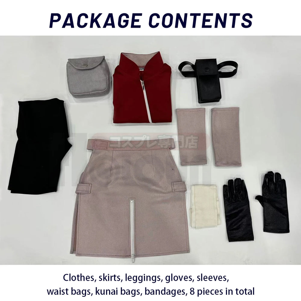 Anime Sakura Haruno Cosplay Costume – Red Top, Skirt, Shorts & Pouch Set 5