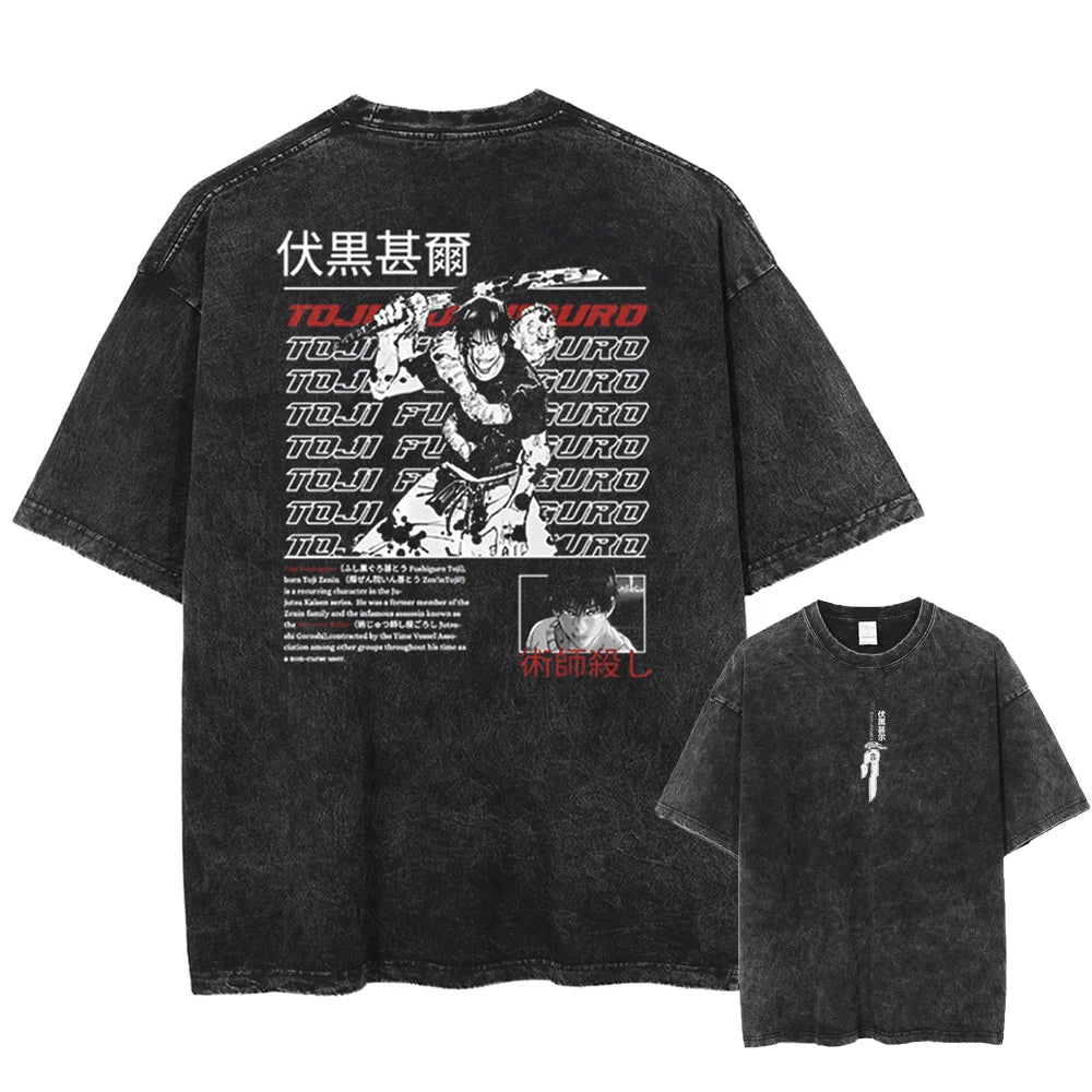 Anime Jujutsu Kaisen Toji Fushiguro Printed T-Shirt – Vintage Washed Graphic Tee 3