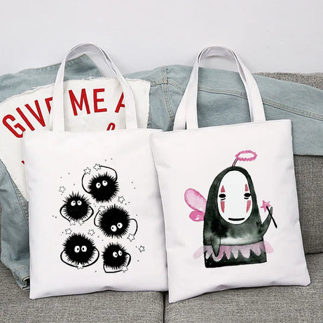 Spirited Away Faceless Anime Large Capacity Canvas Shoulder Bag Women's Casual Tote Kids Student Handbag Shopping Bags