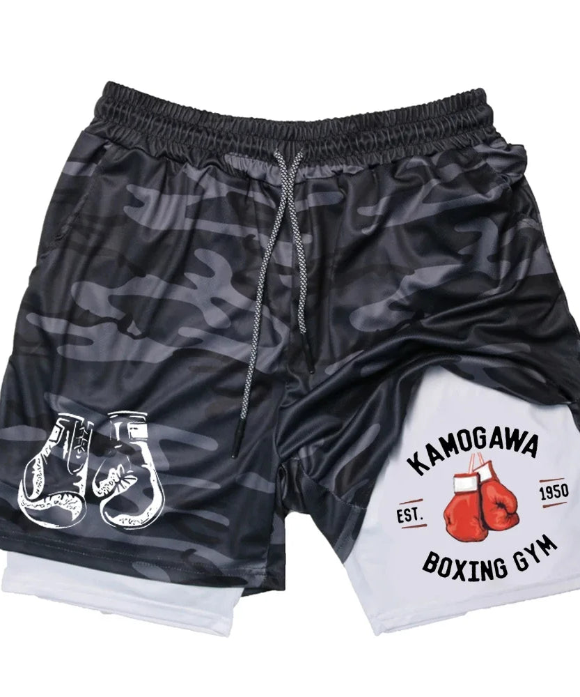 Boxing Gym Print Shorts Mens 2-in-1 Double Layer Quick Dry Beach Shorts Running Basketball Sports Summer Compression Short Pants