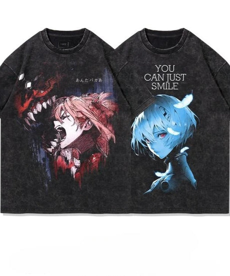 Anime Eva Graphic T-shirt Man Summer Y2k Clothes Casual Short Sleeved Tee Women Vintage Washed Cotton Gym Clothing Top