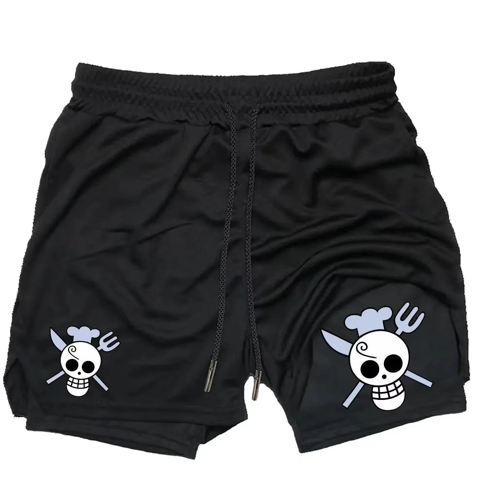 Anime Men's Gym Shorts One Piece Summer Sports Pants Streetwear Breathable Mesh Double-layer 2 in 1 Shorts Sportswear Y2k