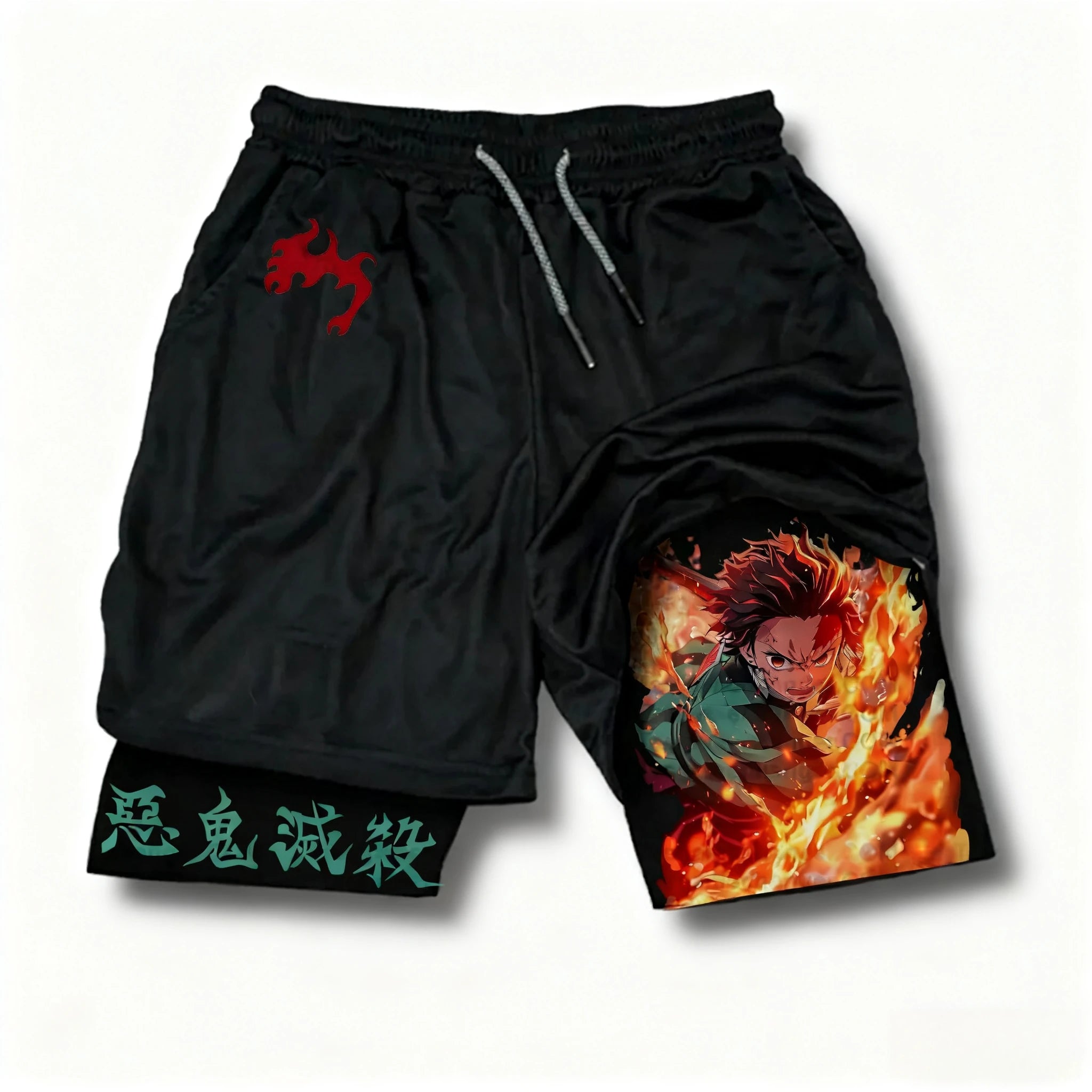 Demon Slayer Anime Printed 2-in-1 Sports Shorts Summer Men's New Fitness Running Breathable Quick Drying Y2K Double Layer Shorts