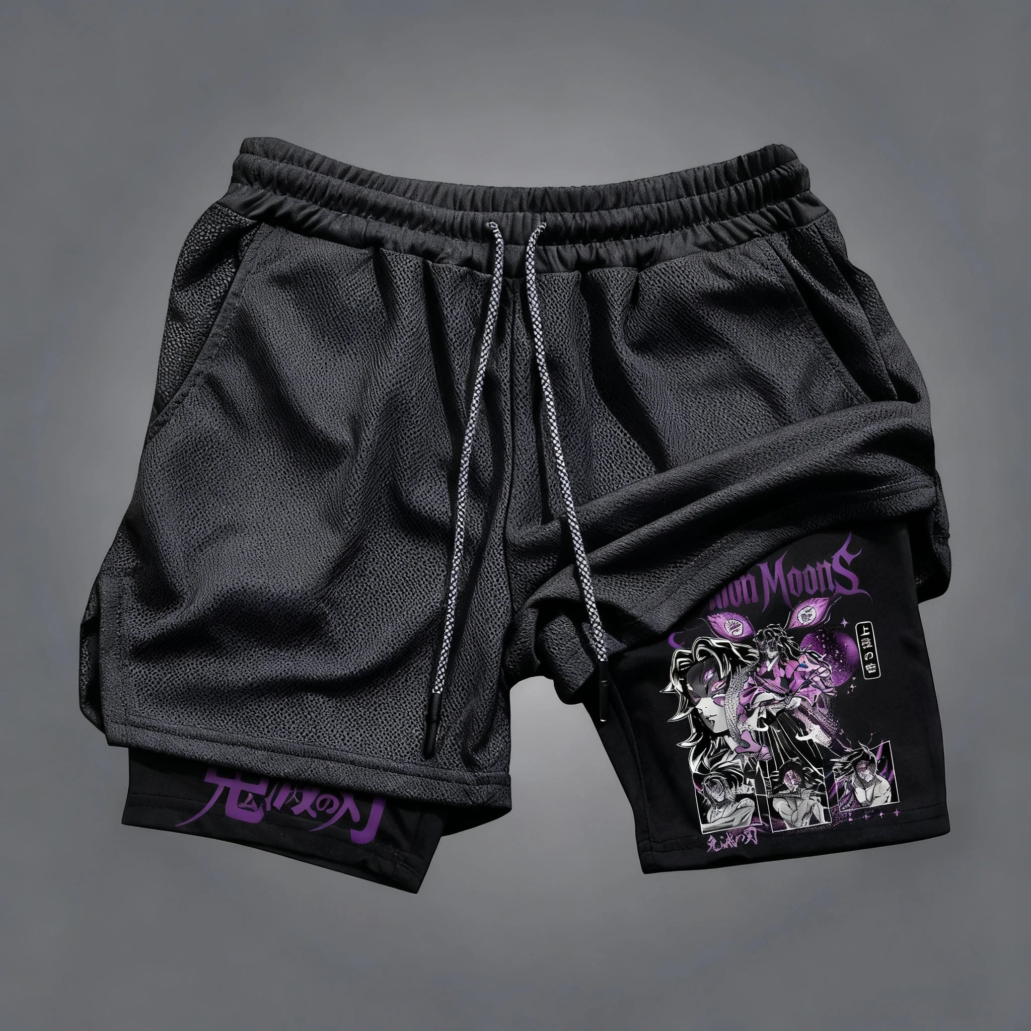 Demon Slayer Kokushibo Anime Printed Double Layer Shorts Summer Men's Fitness Swimming Quick Drying Breathable 2-in-1 Shorts