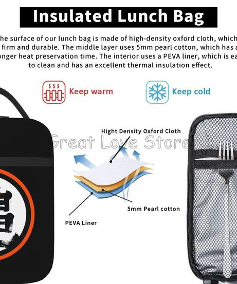DBZ Kanji Print Insulated Lunch Bag for Women Men Boys Girls Reusable Waterproof Thermal Bento Tote Bags for Work Travel Picnic