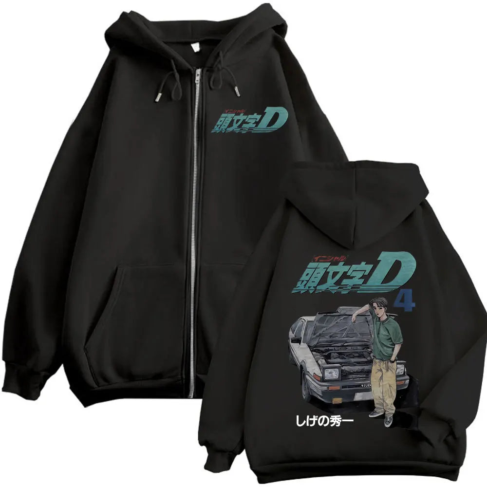Anime Initial D Takumi Fujiwara Graphic Zipper Hoodies Harajuku Manga Zip Up Sweatshirts Men's Women's Fashion Vintage Pullovers