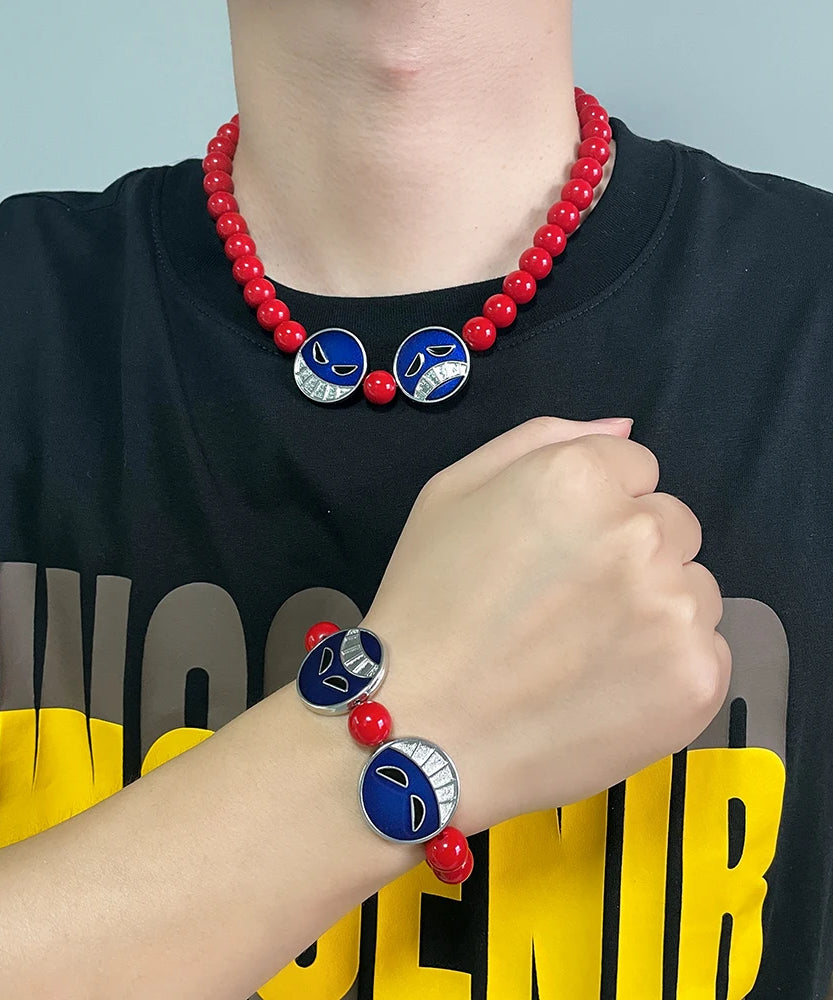 Anime Red Beads Face Bracelet Necklace, Portgas D Ace, Fashion Jewelry Accessories, Cosplay Party Gifts