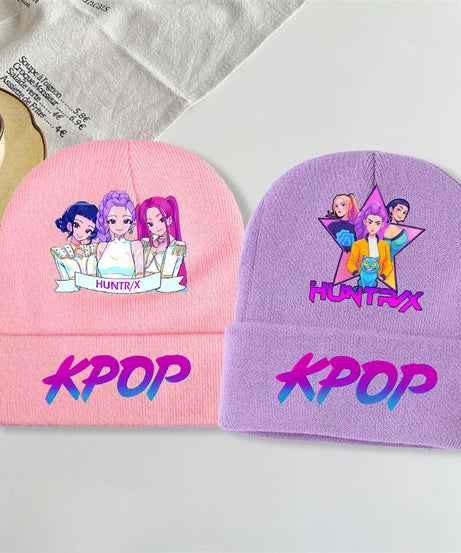 Kpop Demon Hunters Kawaii Knitted Hat for Girls Anime Cute Knit Hats Children Autumn Winter Windproof Warm Hats Gifts