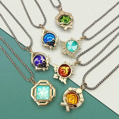 Anime Game Cos Eye of God Pyro Hydro Cyro Dendro Geo Electro Anemo Metallic Glass Necklace Pendant Gift