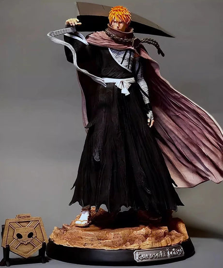 Bleach 33cm Kurosaki Ichigo Action Figures GK Kit Carrying Sword Model Wearing Cloak Sculpture Anime Toy Desktop Ornament Gift