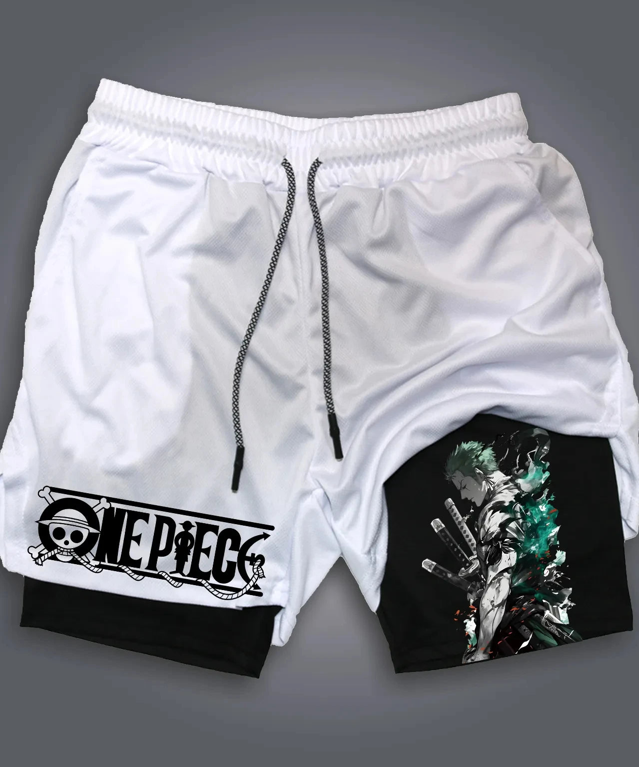 The Latest ONE PIECE  Animation Peripheral Printing Double-layer Shorts Men's Sports Breathable Five-point Pants