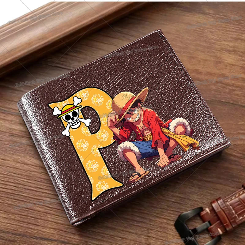 Anime Luffy Men Pu Wallet One Piece Letter A-Z Foldable Short Wallet Man Portable Credit ID Card Holder Male Pocket Coin Purse