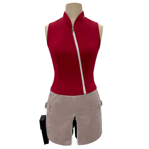 Anime Sakura Haruno Cosplay Costume – Red Top, Skirt, Shorts & Pouch Set