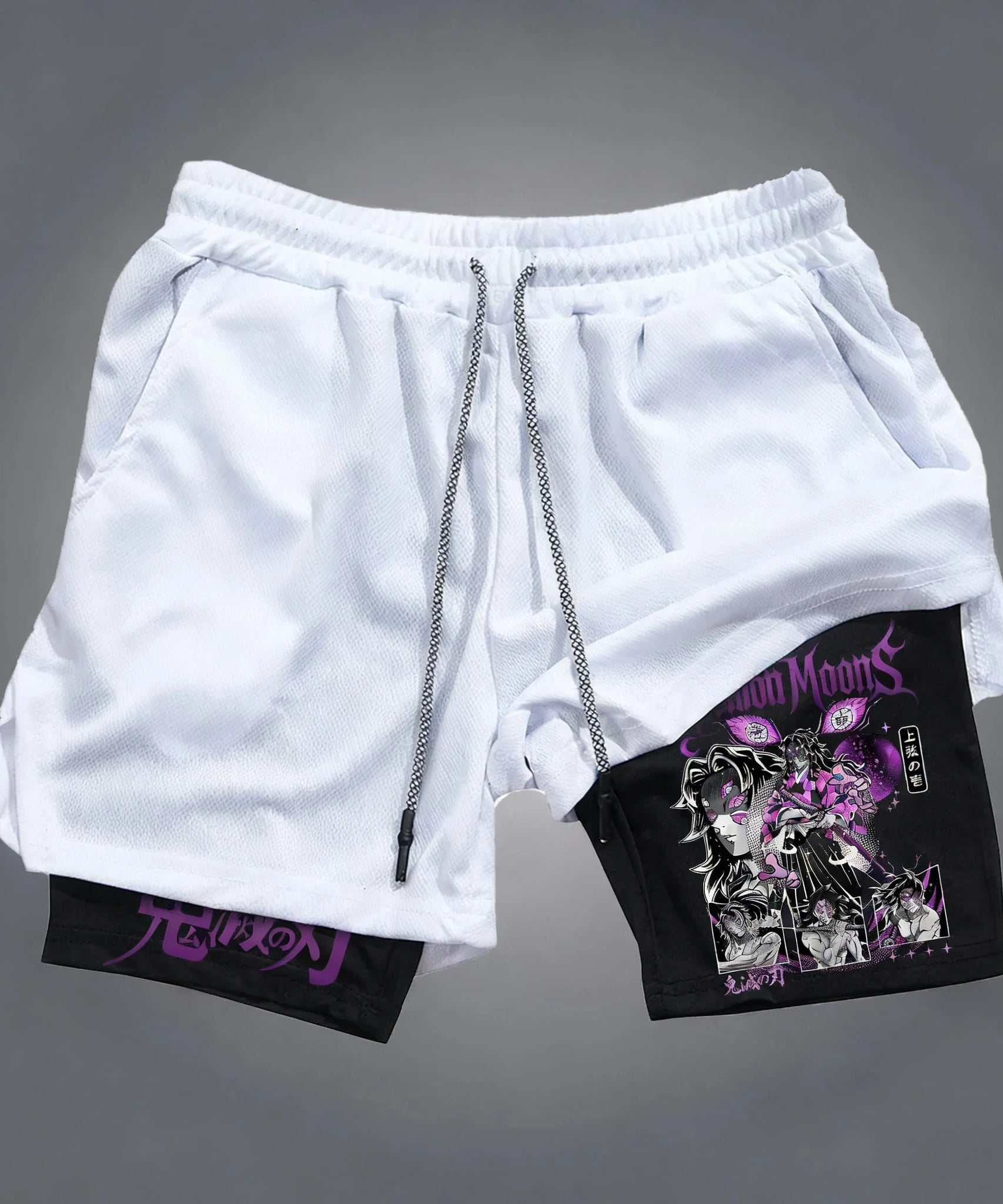 Demon Slayer Kokushibo Anime Printed Double Layer Shorts Summer Men's Fitness Swimming Quick Drying Breathable 2-in-1 Shorts