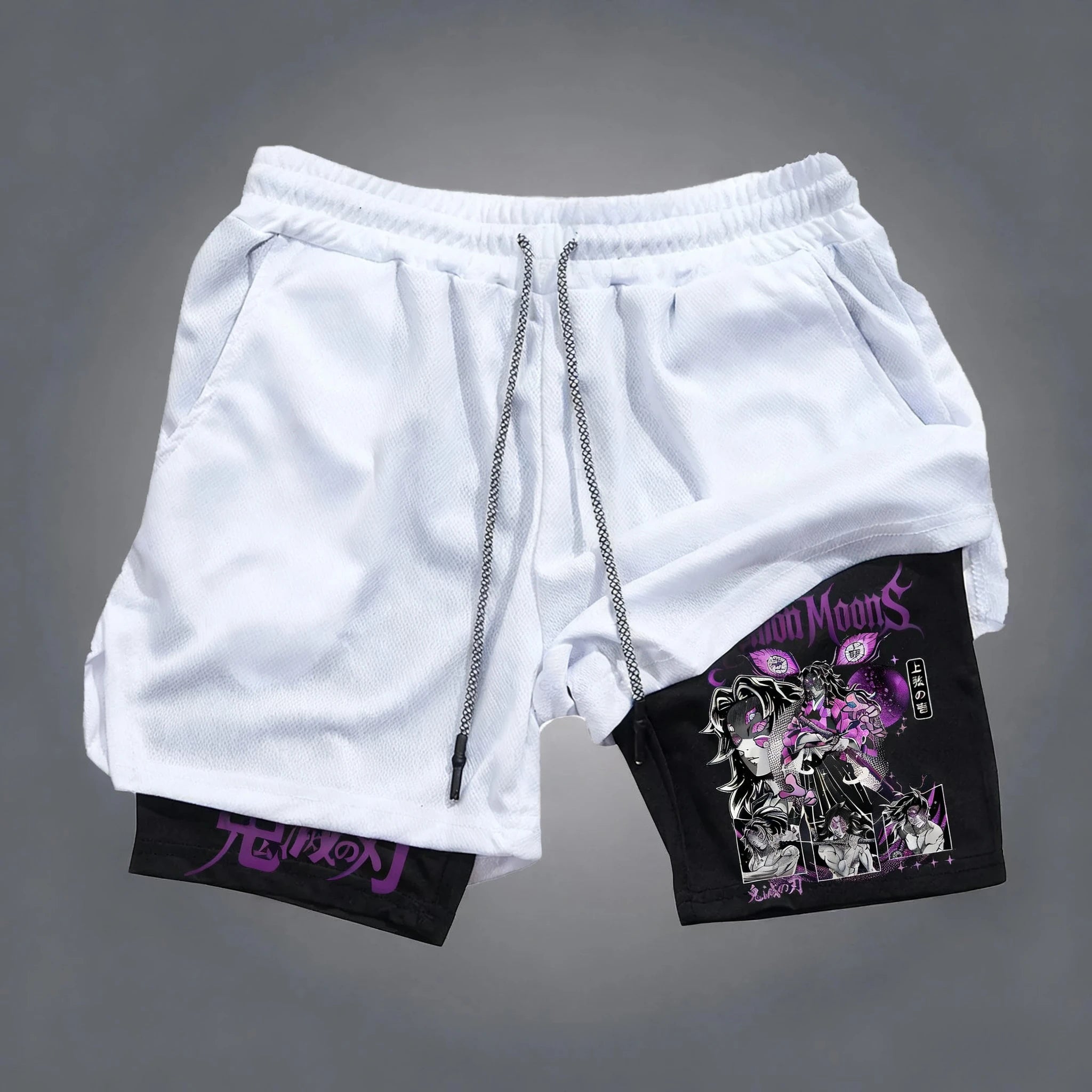 Demon Slayer Kokushibo Anime Printed Double Layer Shorts Summer Men's Fitness Swimming Quick Drying Breathable 2-in-1 Shorts