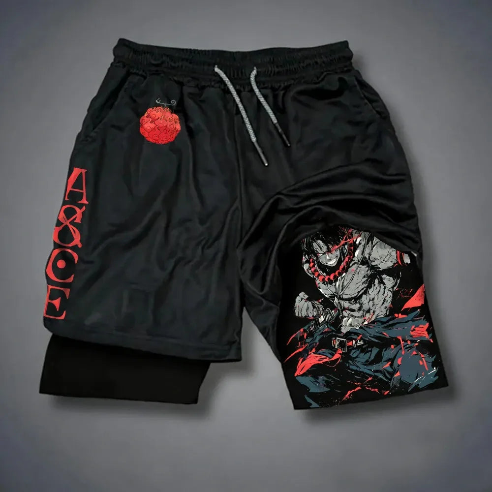 Anime Men's Gym Shorts One Piece Summer Sports Pants Streetwear Breathable Mesh Double-layer 2 in 1 Shorts Sportswear Y2k